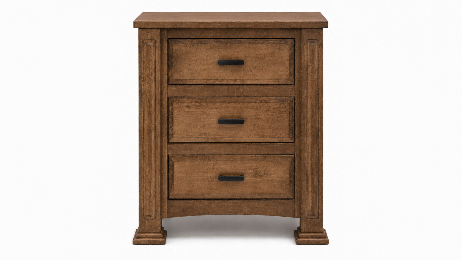 A rustic three-drawer wooden nightstand with a medium brown finish and dark metal drawer pulls, shown against a plain white background.