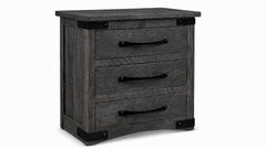 Gray wooden dresser with three drawers on a white background