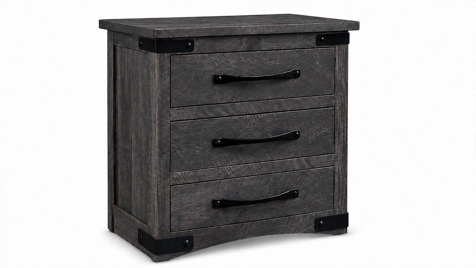 Gray wooden dresser with three drawers on a white background