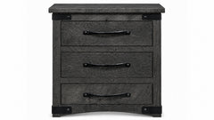 Dark wooden nightstand with three drawers and metal handles on a white background