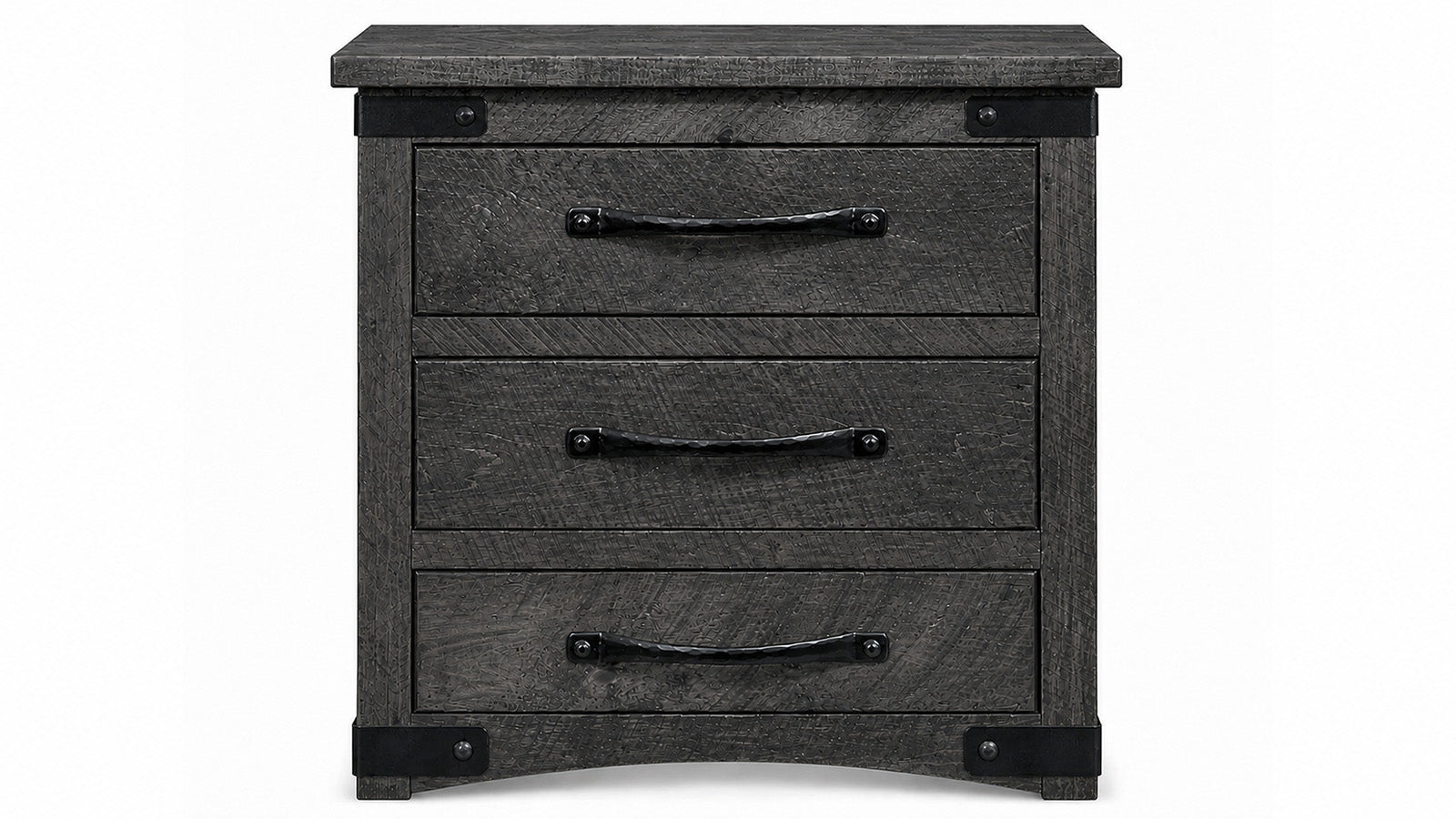 Dark wooden nightstand with three drawers and metal handles on a white background