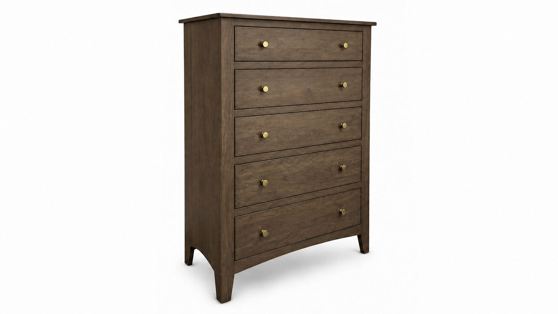 Cómoda de madera con cinco cajones sobre fondo blanco