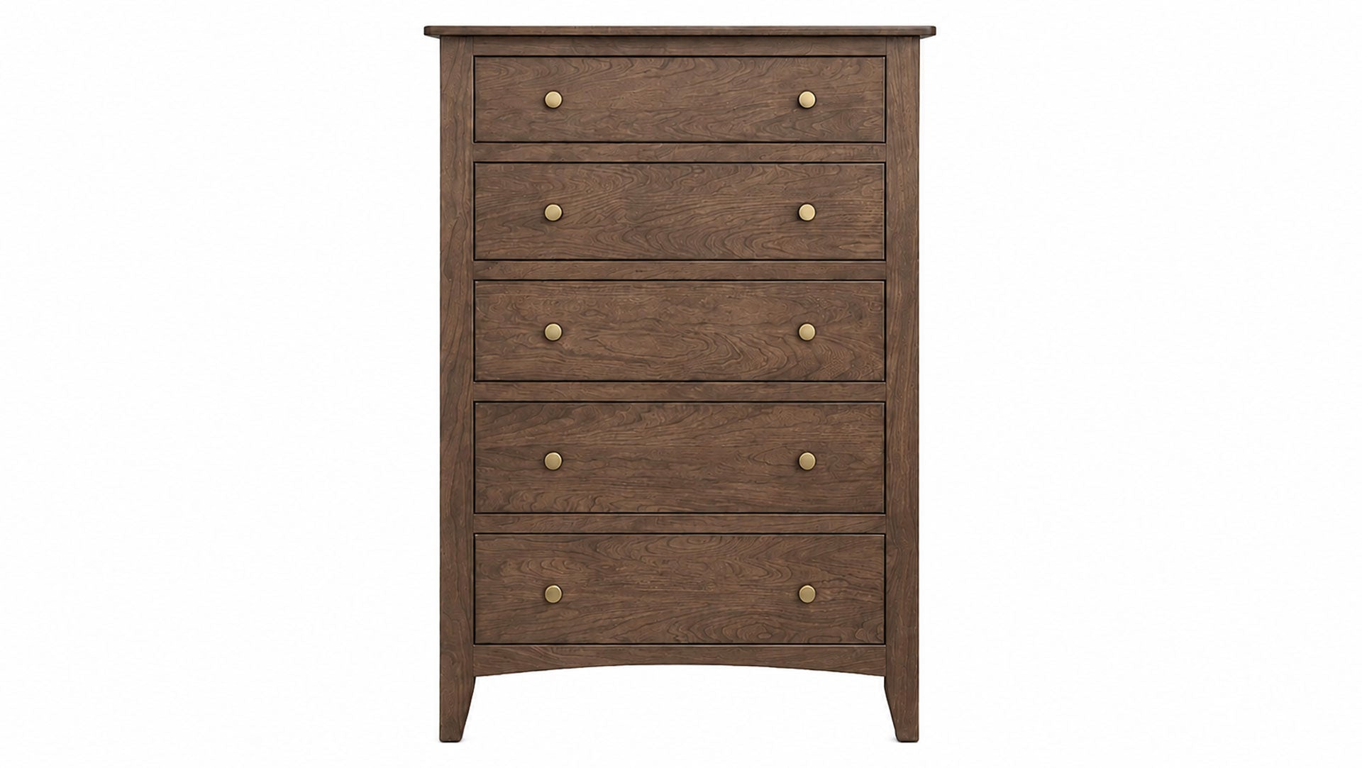 Cómoda de madera con cuatro cajones sobre un fondo blanco