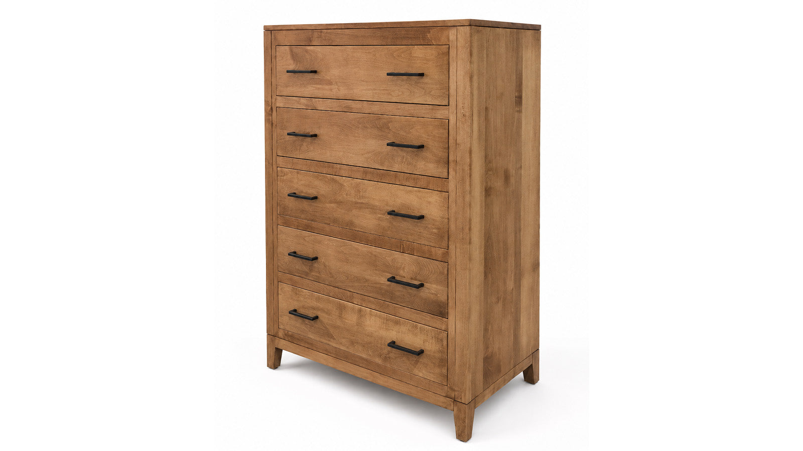 A five-drawer wooden chest of drawers with a warm medium brown finish and black metal bar handles, shown on a plain white background.
