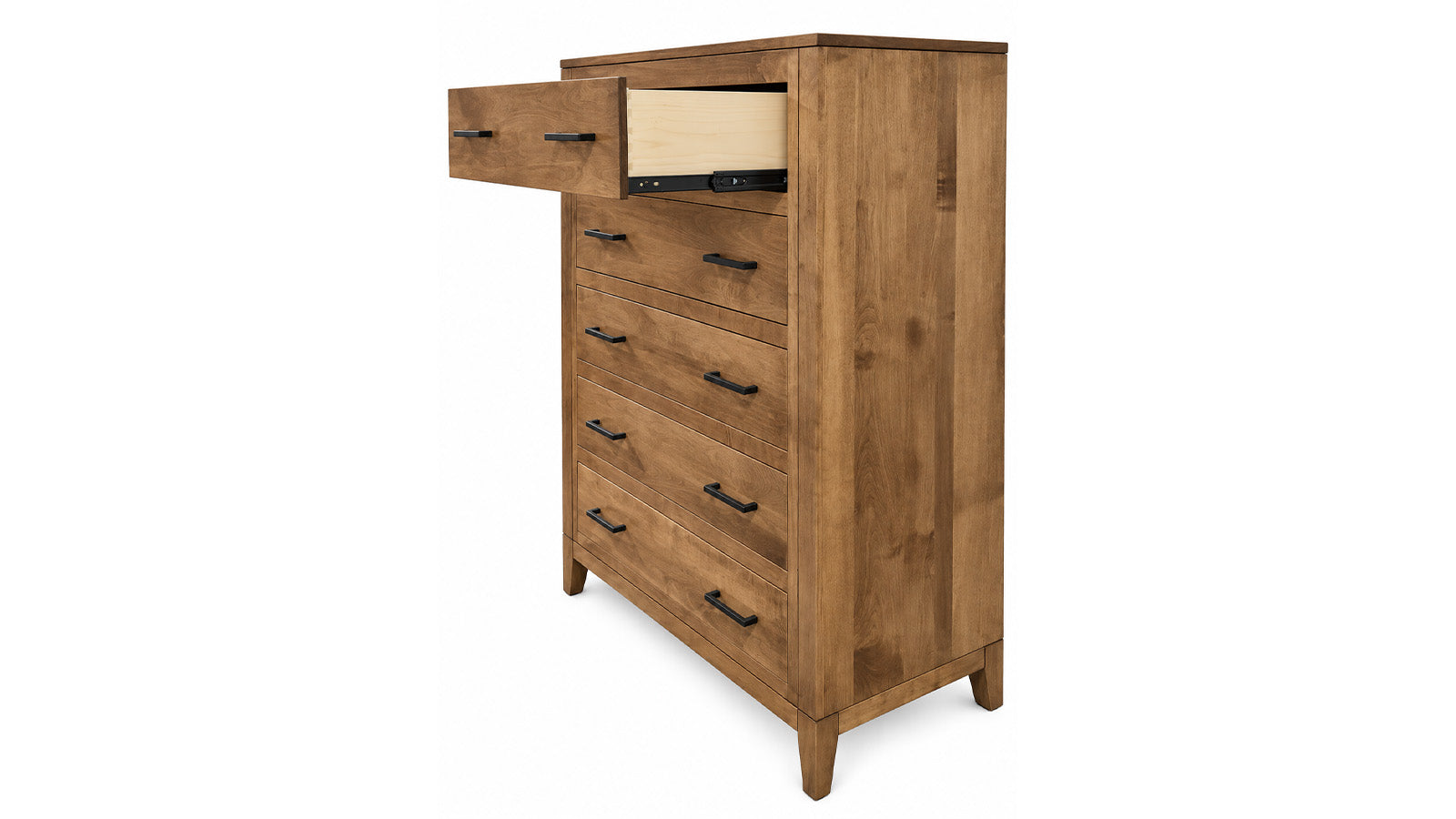 A mid-century modern wooden chest of drawers with a warm brown finish, featuring five drawers with black metal handles and one open drawer showing a light wood interior, set against a plain white background.