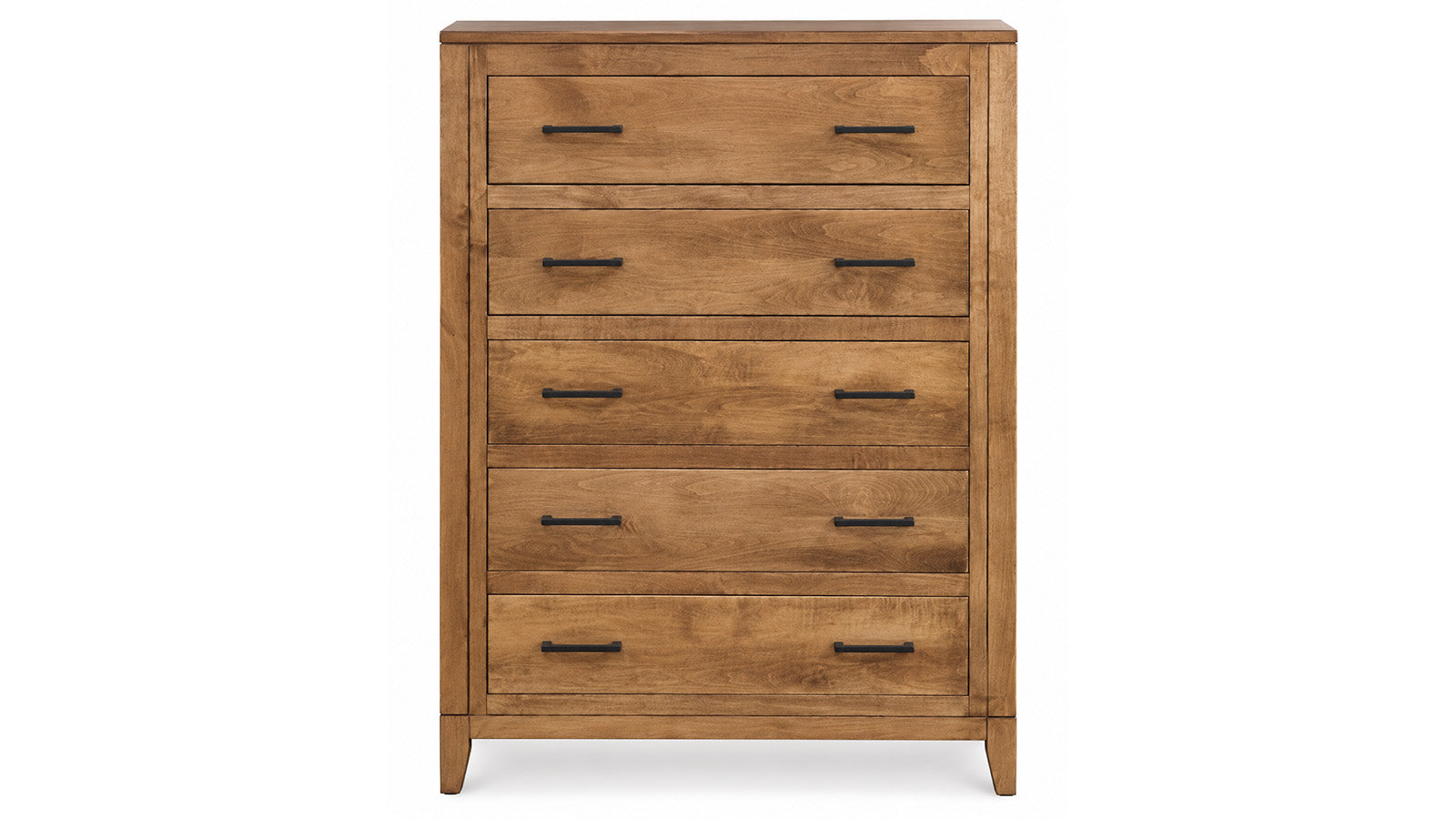 A five-drawer wooden chest of drawers with a warm medium brown finish and black metal bar handles, shown against a plain white background.
