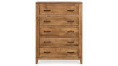 A five-drawer wooden chest of drawers with a warm medium brown finish and black metal bar handles, shown against a plain white background.