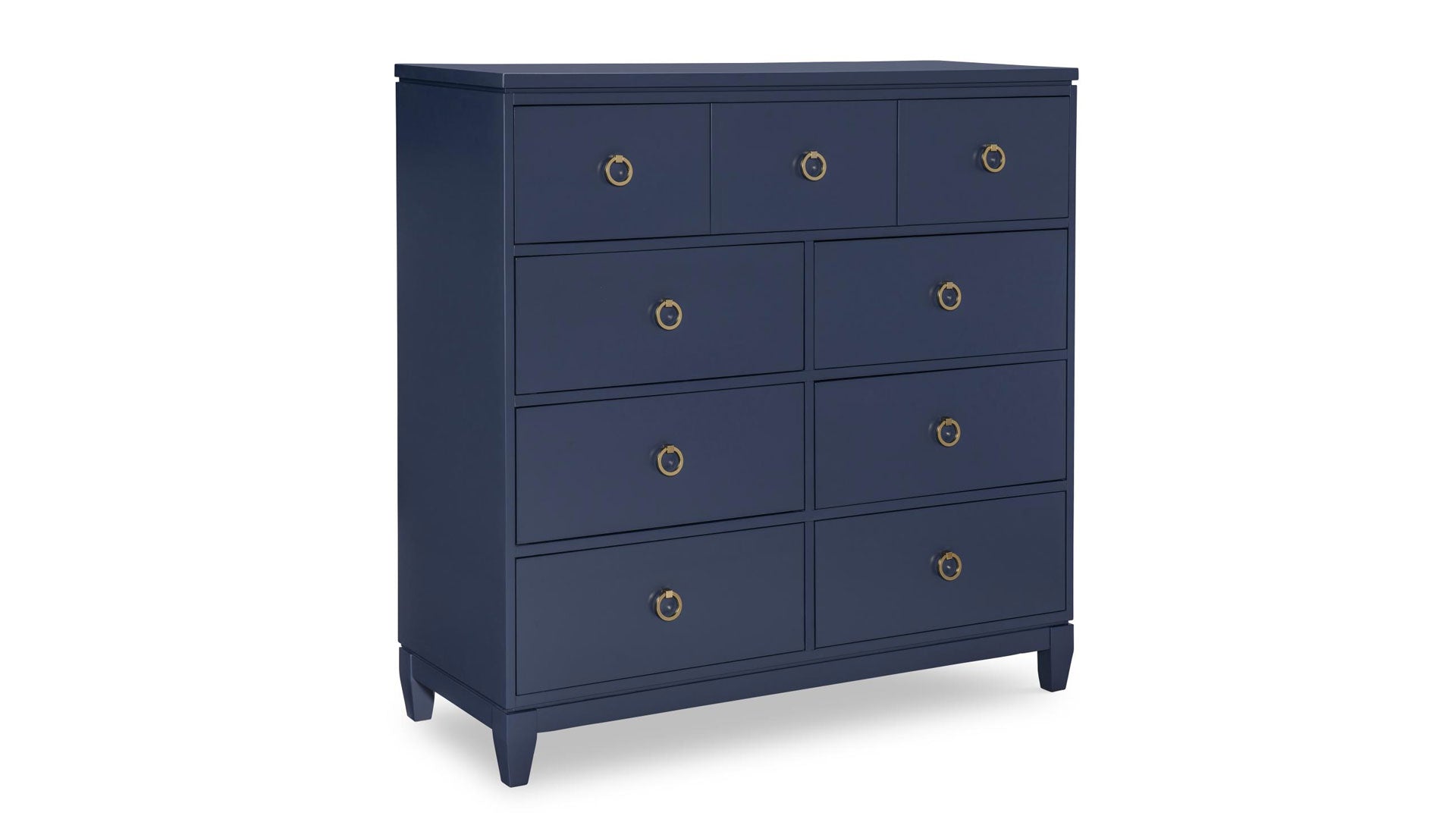 Navy blue dresser with gold knobs on a white background
