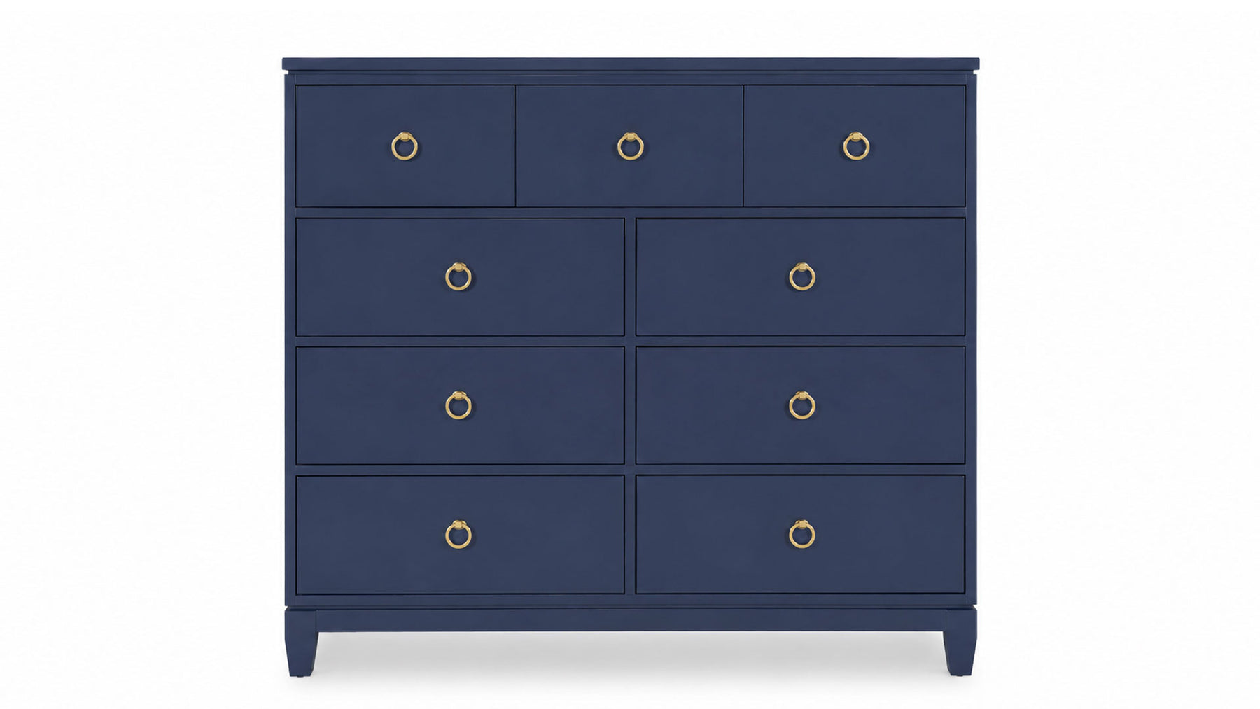 Navy blue dresser with gold knobs on a white background