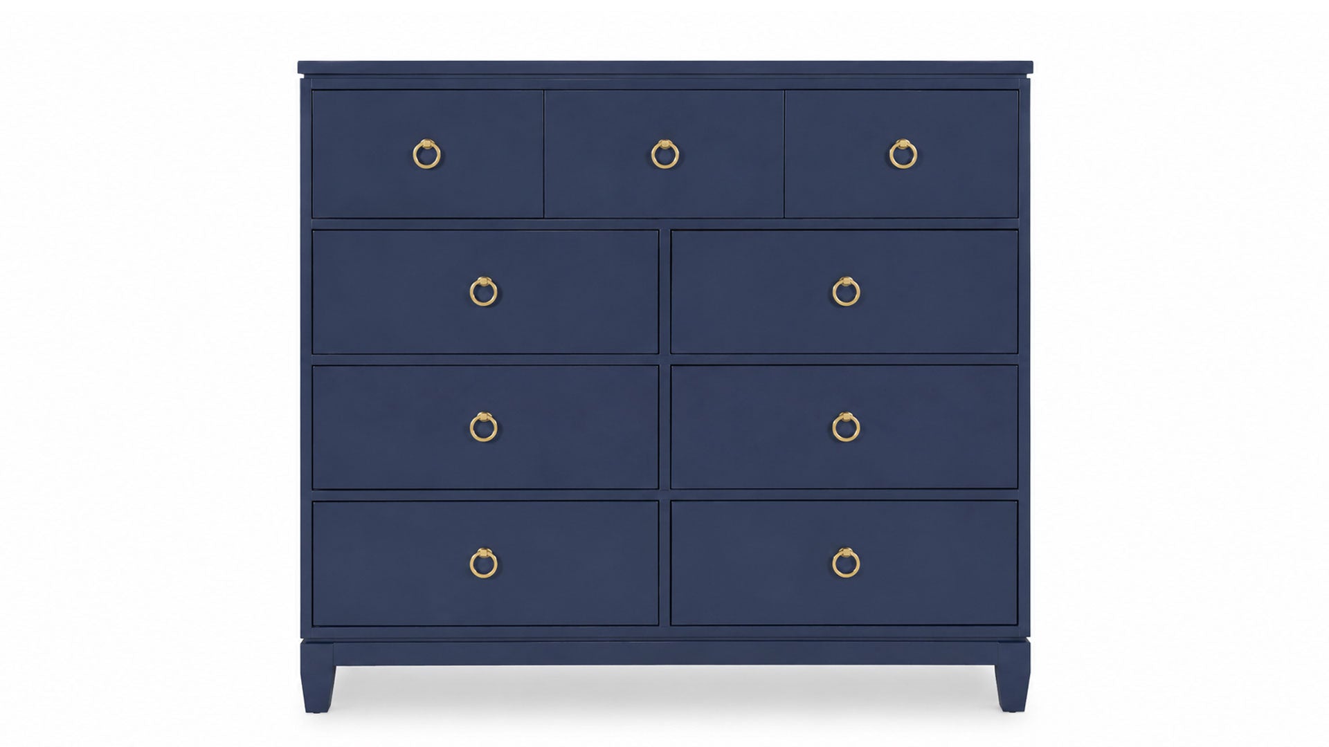Navy blue dresser with gold knobs on a white background