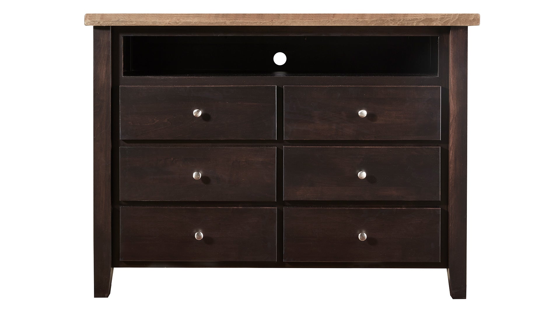 Cómoda rústica para equipos multimedia de madera maciza de arce y cerezo negro, modelo San Antonio