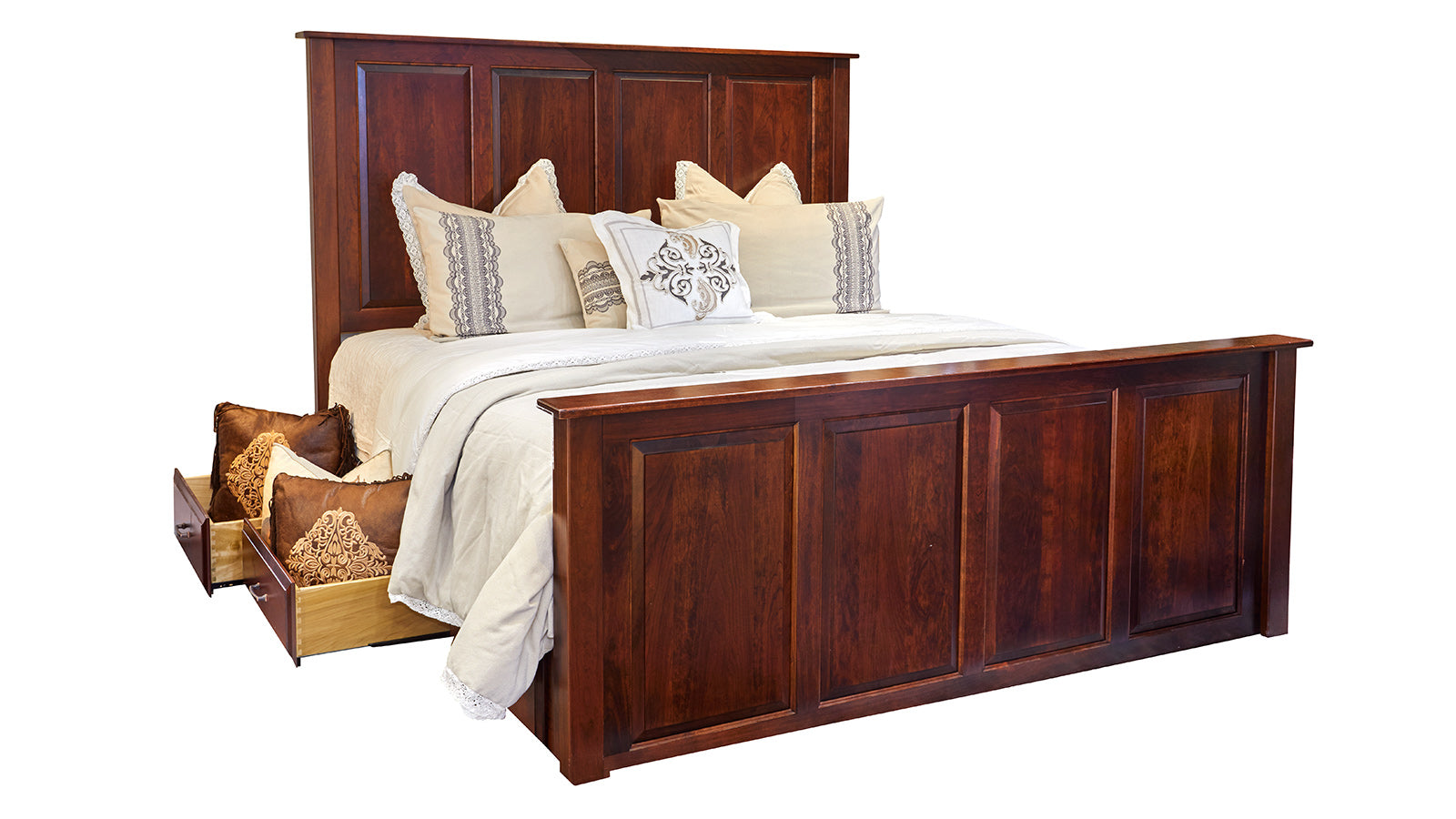 Queen Size Henrietta Solid Black Cherry Wood Side Storage Bed Frame