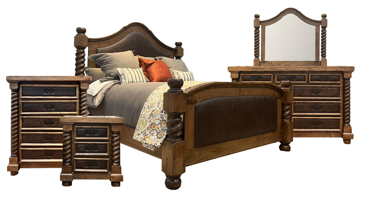 Cama 4pc Crockett King, Cómoda/Espejo, Arcón y Mesilla de noche