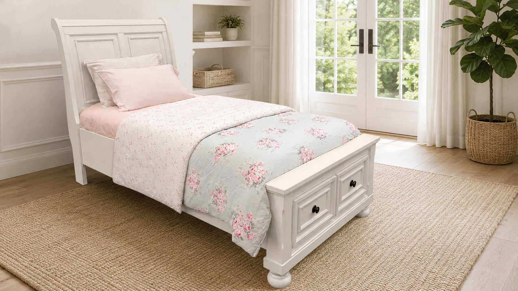 Soriah Sea Shell White Twin Storage Bed | Sleigh Bed with Storage | Gallery Furniture