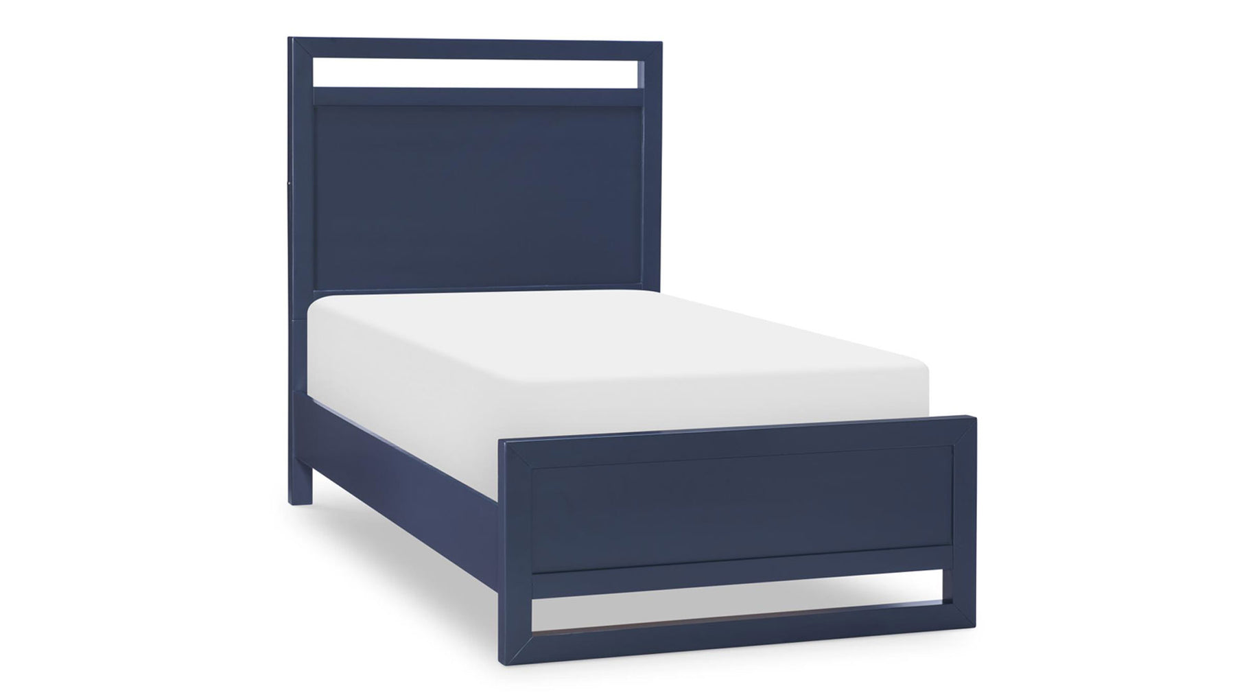Navy blue bed frame with white mattress on a white background
