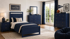 Navy blue bedroom set with bed, dresser, and nightstands in a well-lit room.