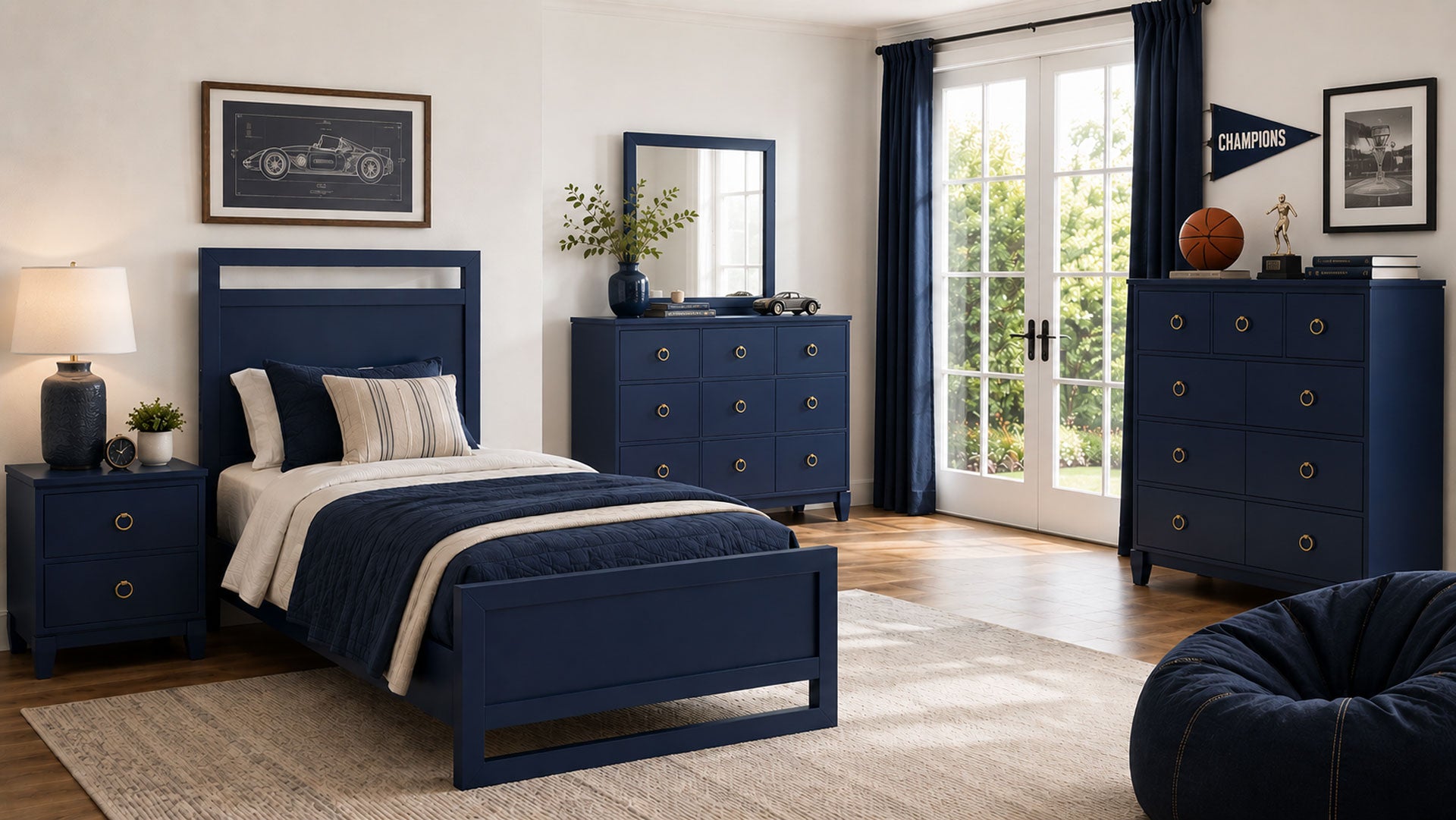 Navy blue bedroom set with bed, dresser, and nightstands in a well-lit room.