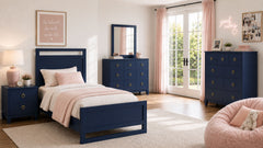 Neatly arranged bedroom with blue furniture and pink accents