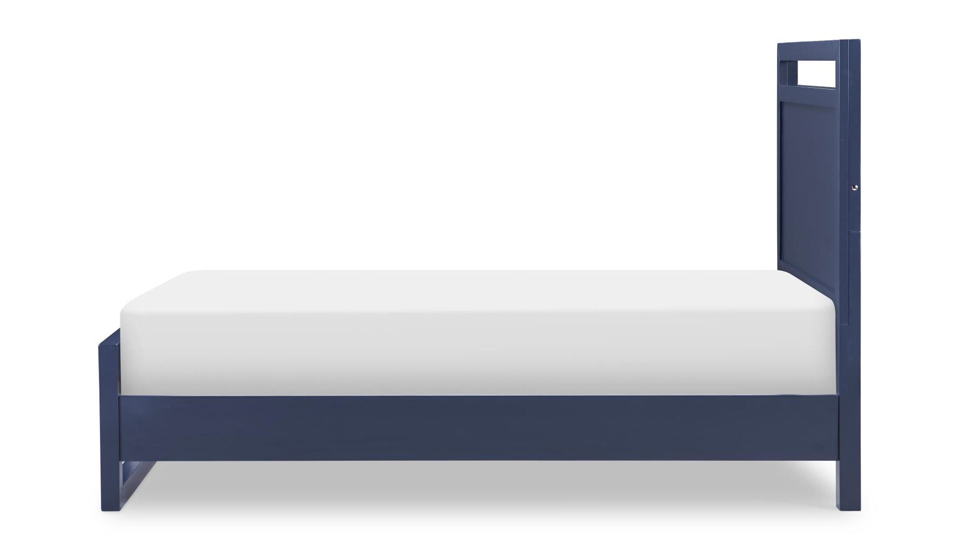 Navy bed frame with white mattress on a white background
