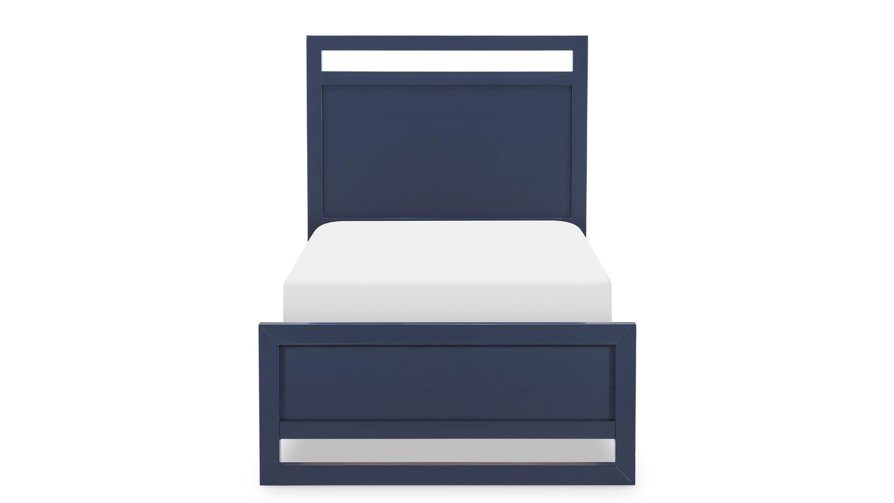 Navy blue bed frame with white mattress on a white background