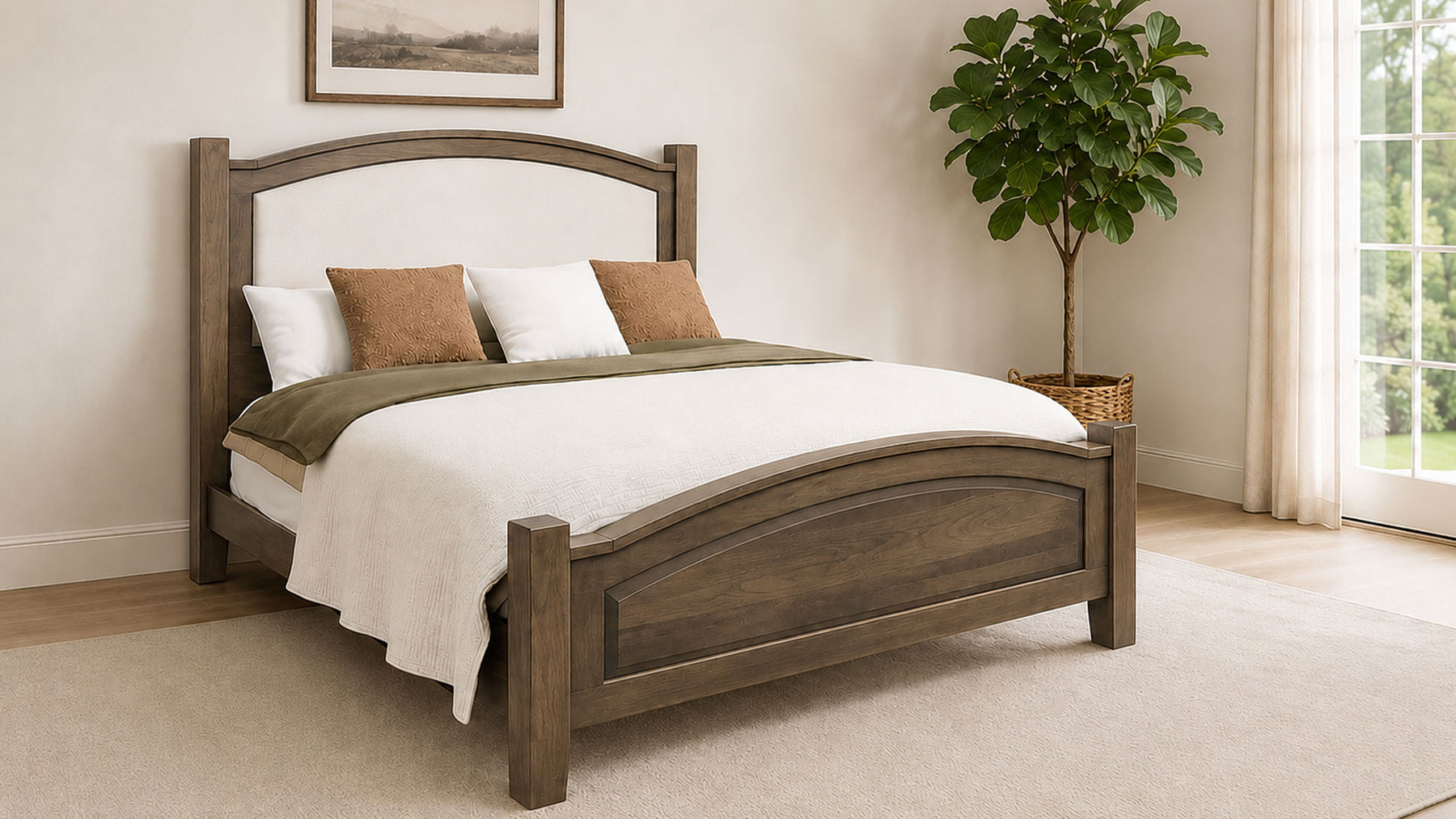Wooden bed with white bedding in a room with a plant and window.