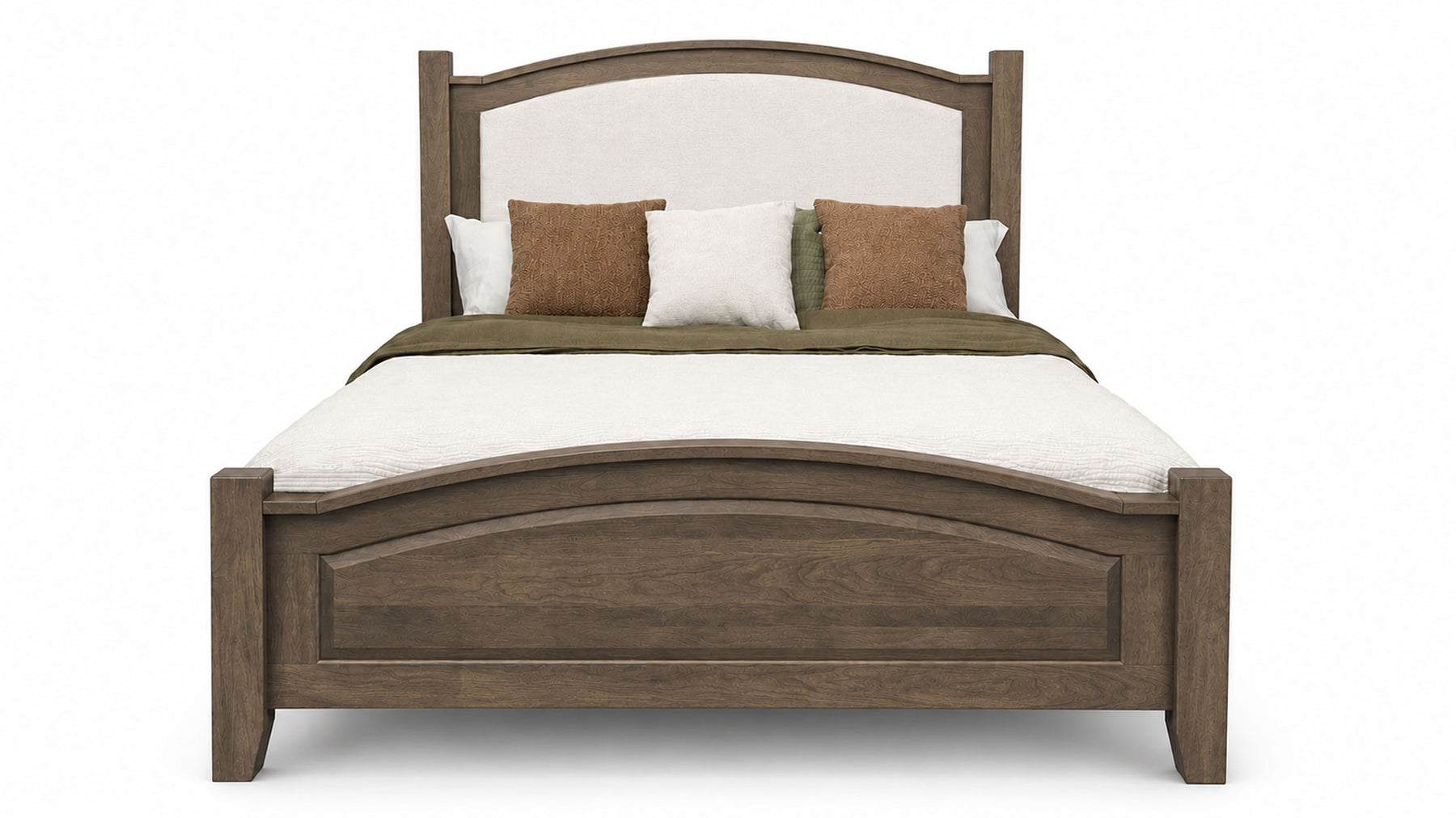 Wooden bed with white mattress and brown and white pillows on a white background