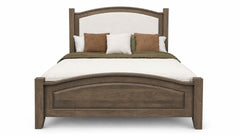 Wooden bed with white mattress and brown and white pillows on a white background