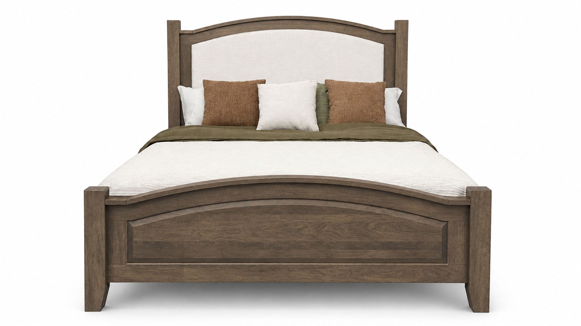 Wooden bed with white mattress and brown and white pillows on a white background