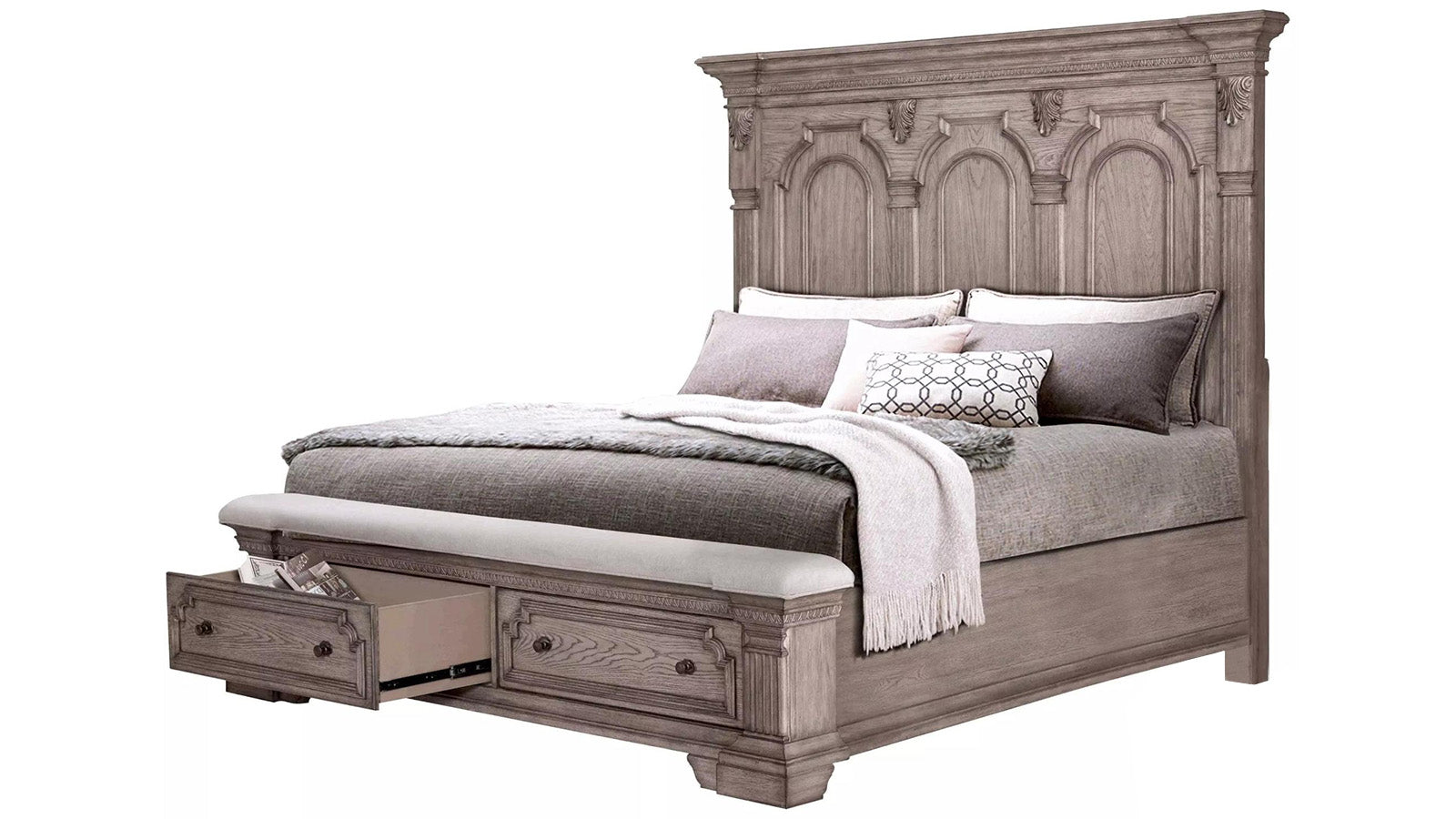King Size Montclair Modern Farmhouse Panel Footboard Storage Bed Frame w/Bench