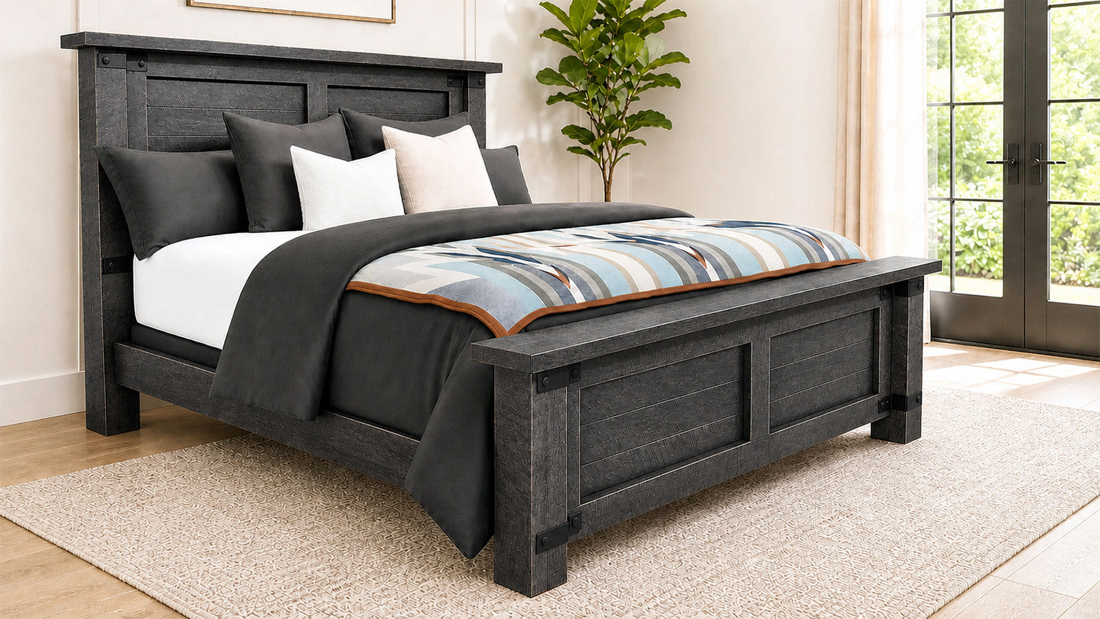 Wooden bed with bedding in a bedroom setting