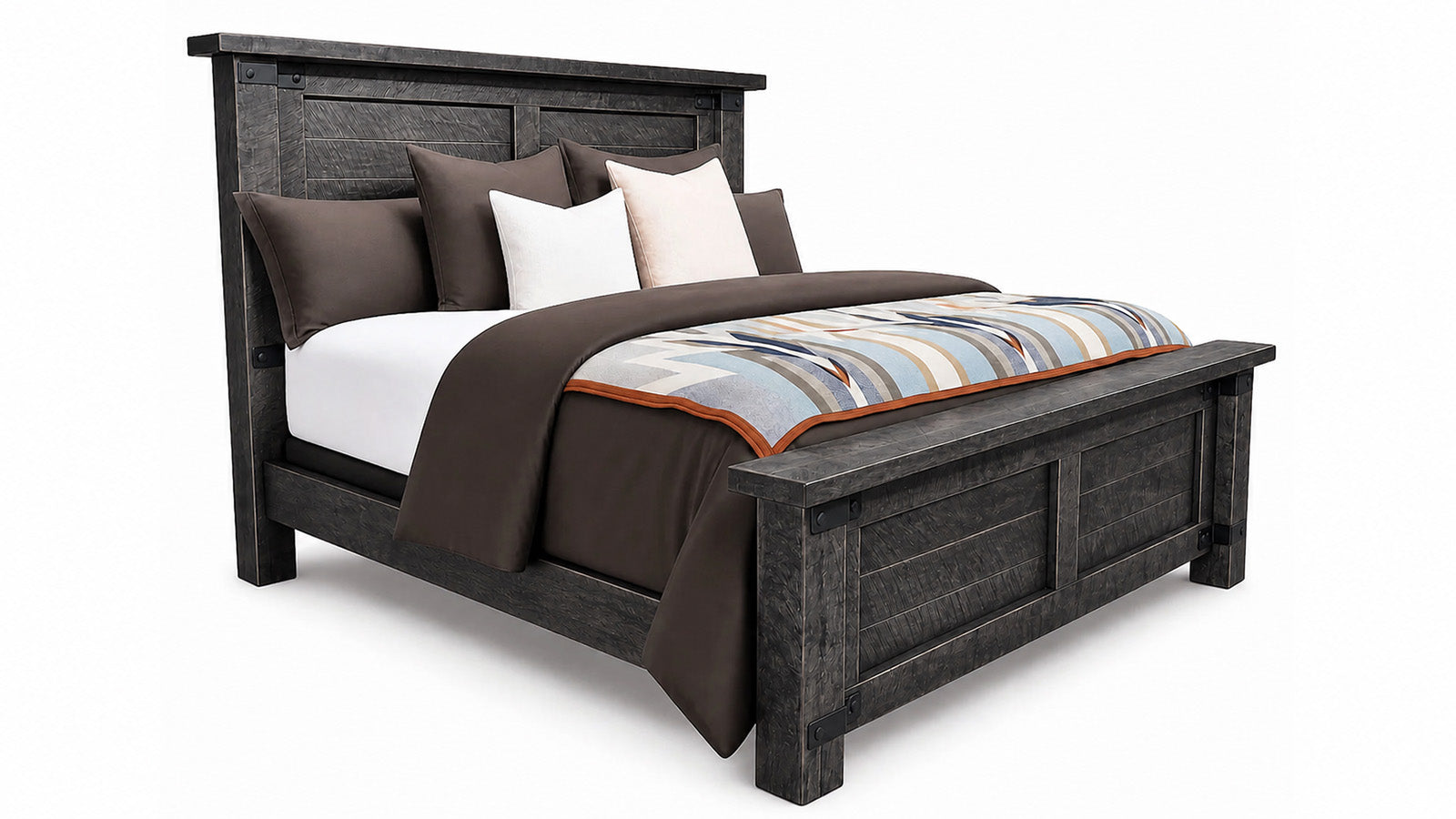 Wooden bed with bedding on a white background