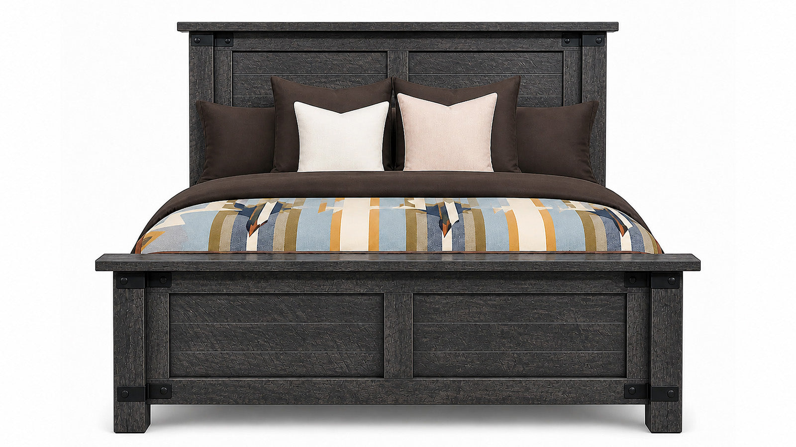 Wooden bed with striped bedding and pillows on a white background