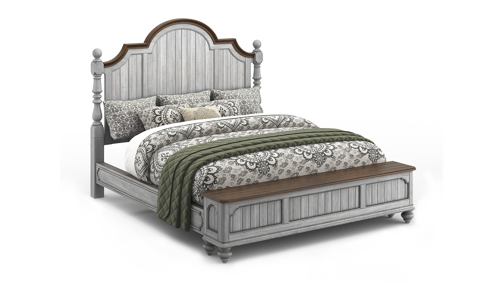 Bed with floral bedding and a wooden headboard on a white background