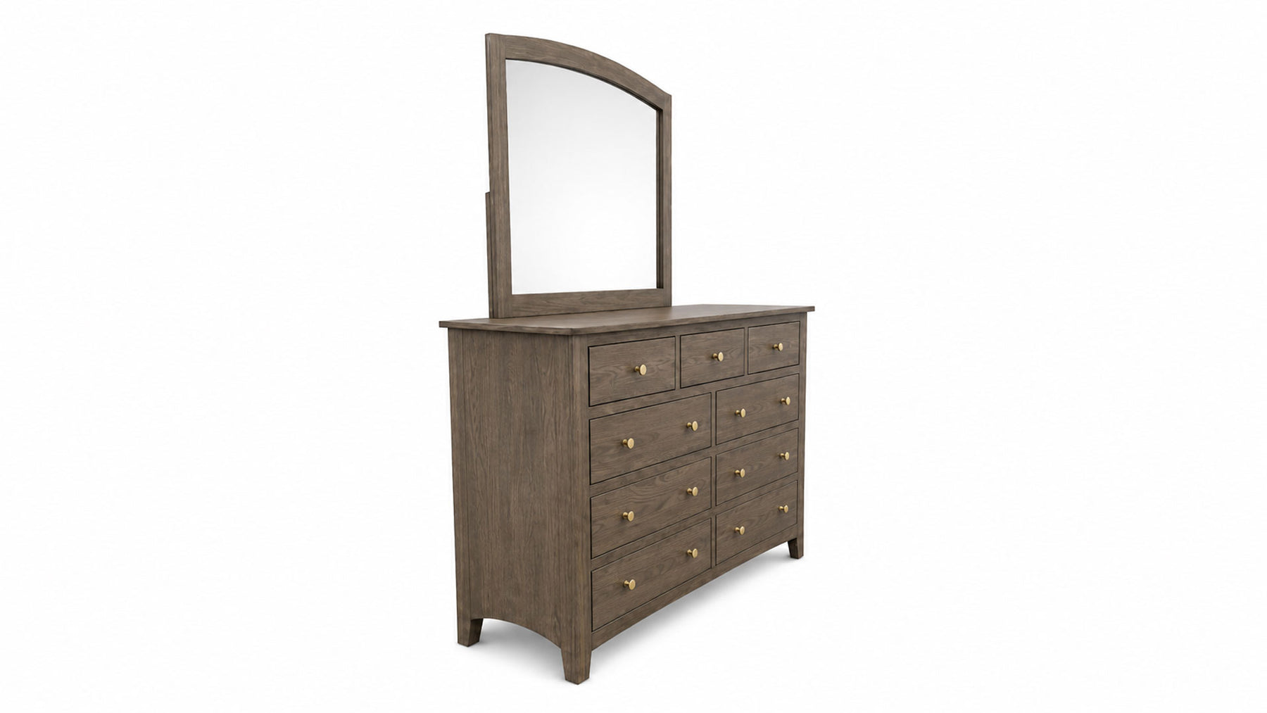Cómoda de madera con espejo sobre fondo blanco