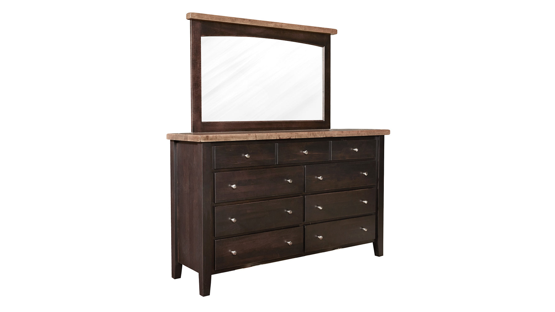 San Antonio Solid Maple and Black Cherry Wood Rustic 9 Drawer Dresser w/Mirror