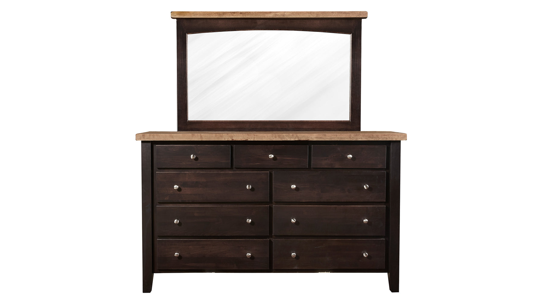 San Antonio Solid Maple and Black Cherry Wood Rustic 9 Drawer Dresser w/Mirror