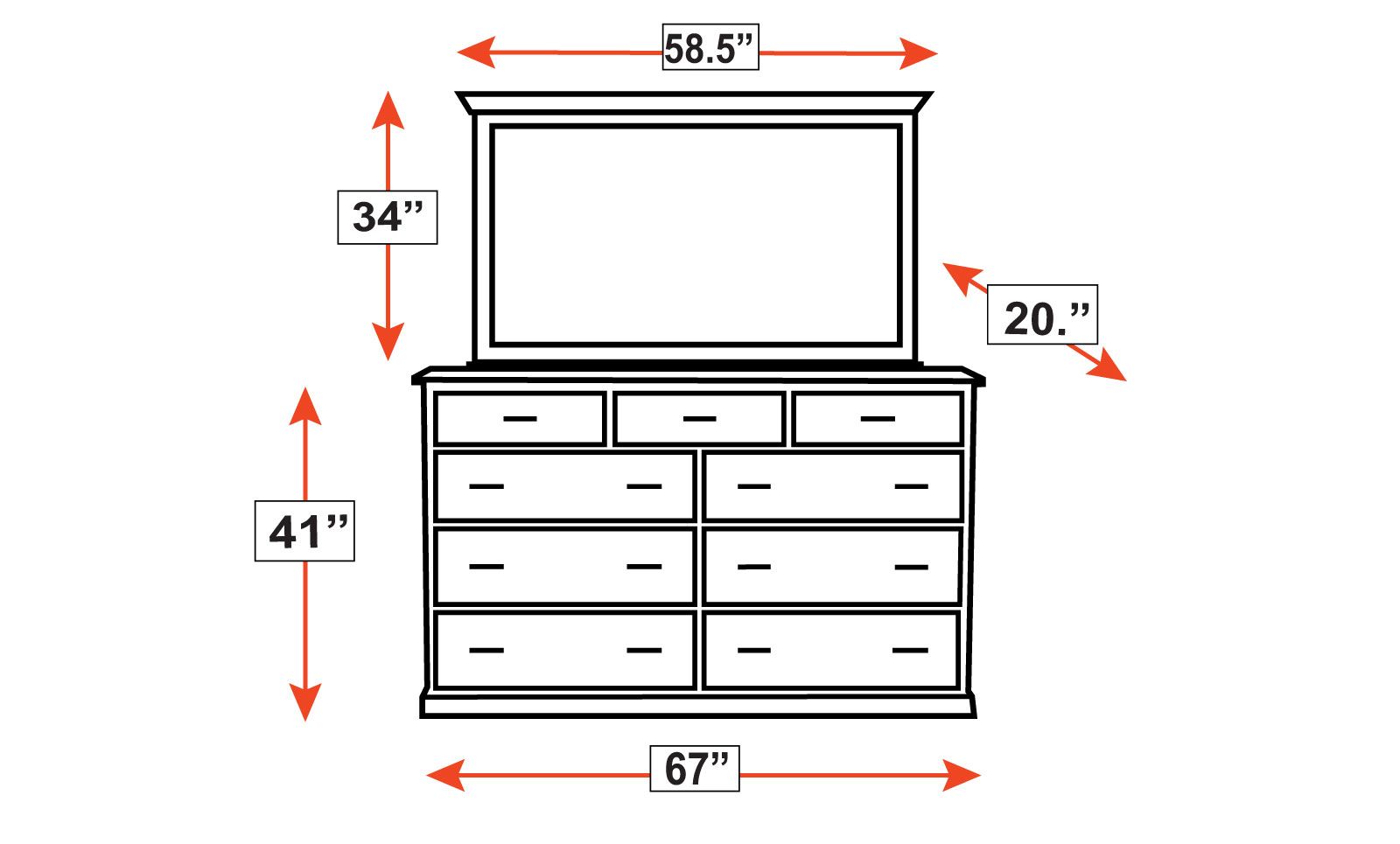 Henrietta Solid Black Cherry Wood Modern 9 Drawer Dresser w/Mirror