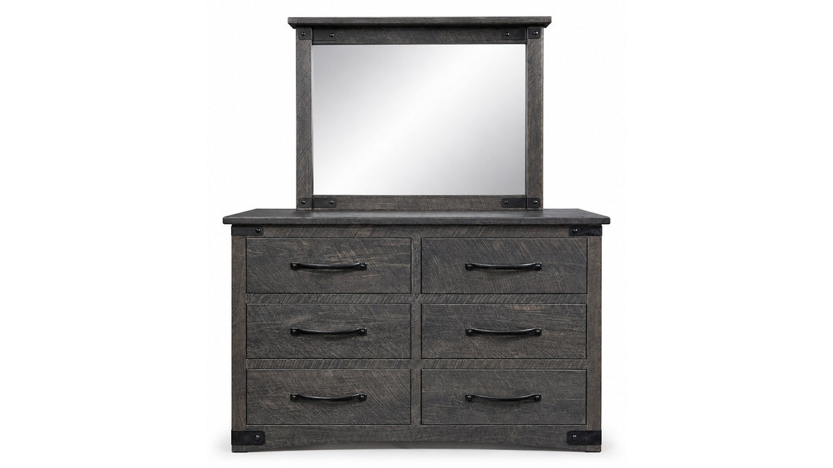 Dark wood dresser with mirror on a white background