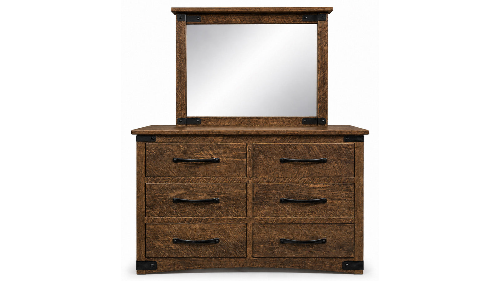 Wooden dresser with mirror on a white background