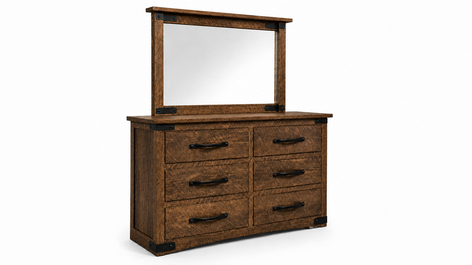 Wooden dresser with mirror on a white background