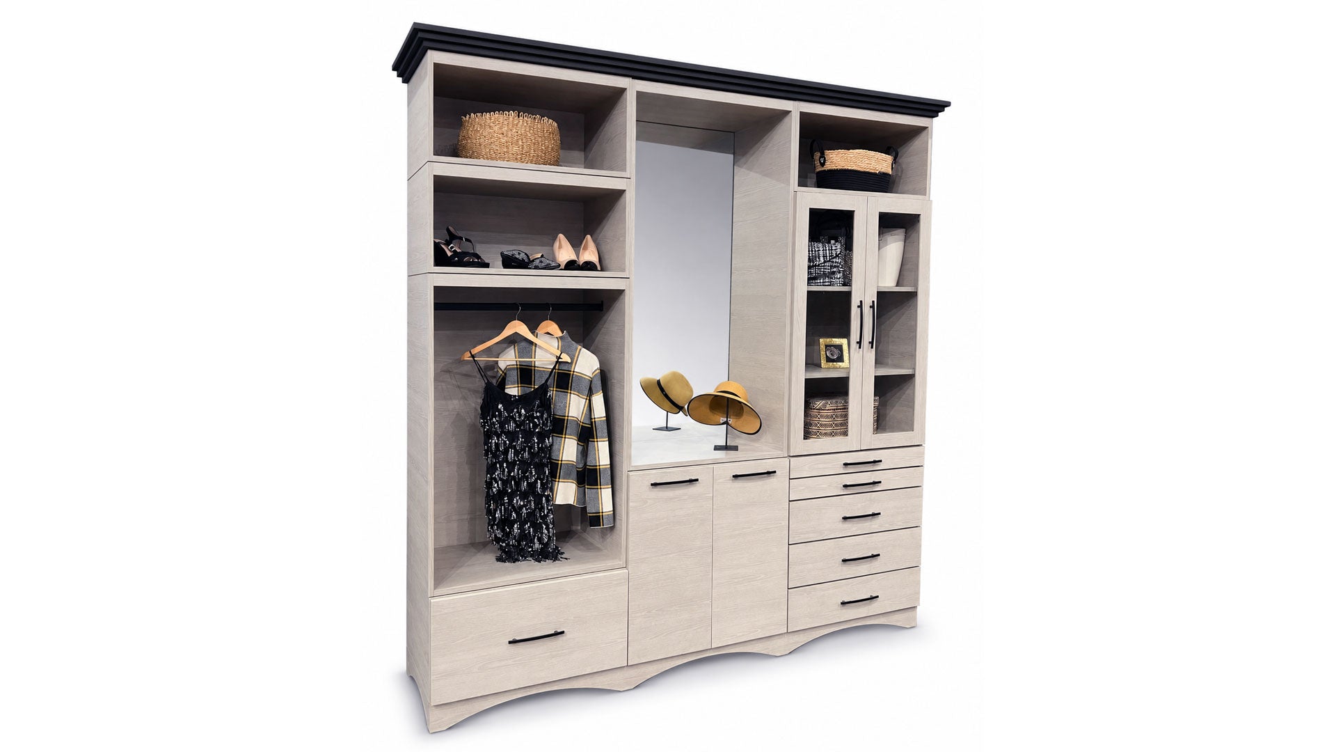 Armario de madera maciza con espejo, puertas, estantes y cajones | Fabricado en EE. UU. | Gallery Furniture