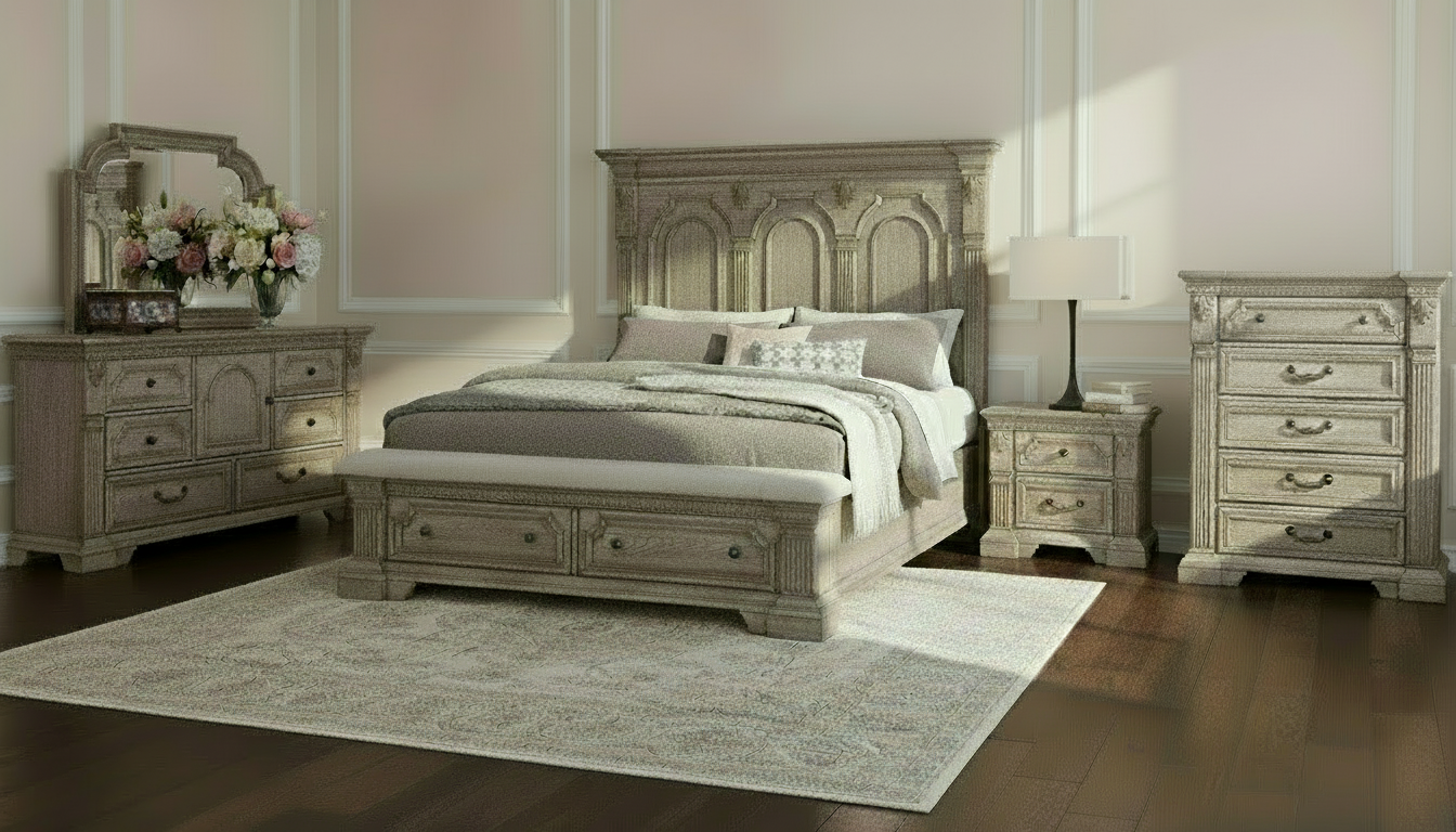 King Size Montclair Modern Farmhouse Panel Footboard Storage Bed Frame w/Bench
