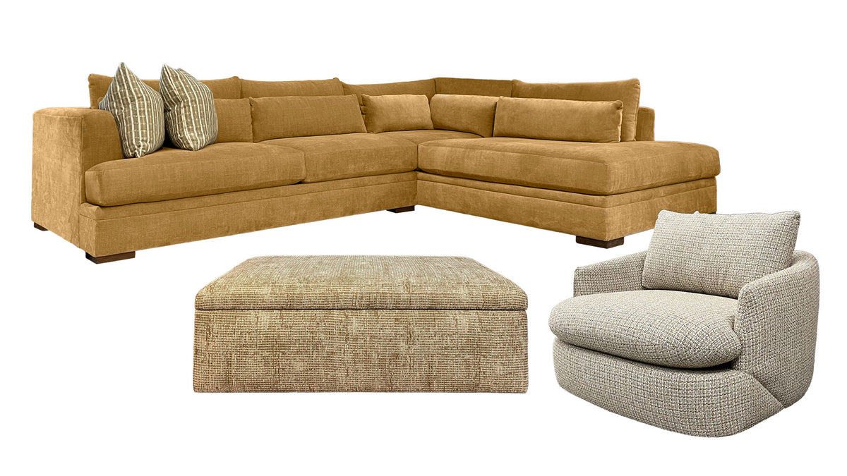 4pc Bernard Cork Honey Sectional, Swivel Chair & Storage Ottoman