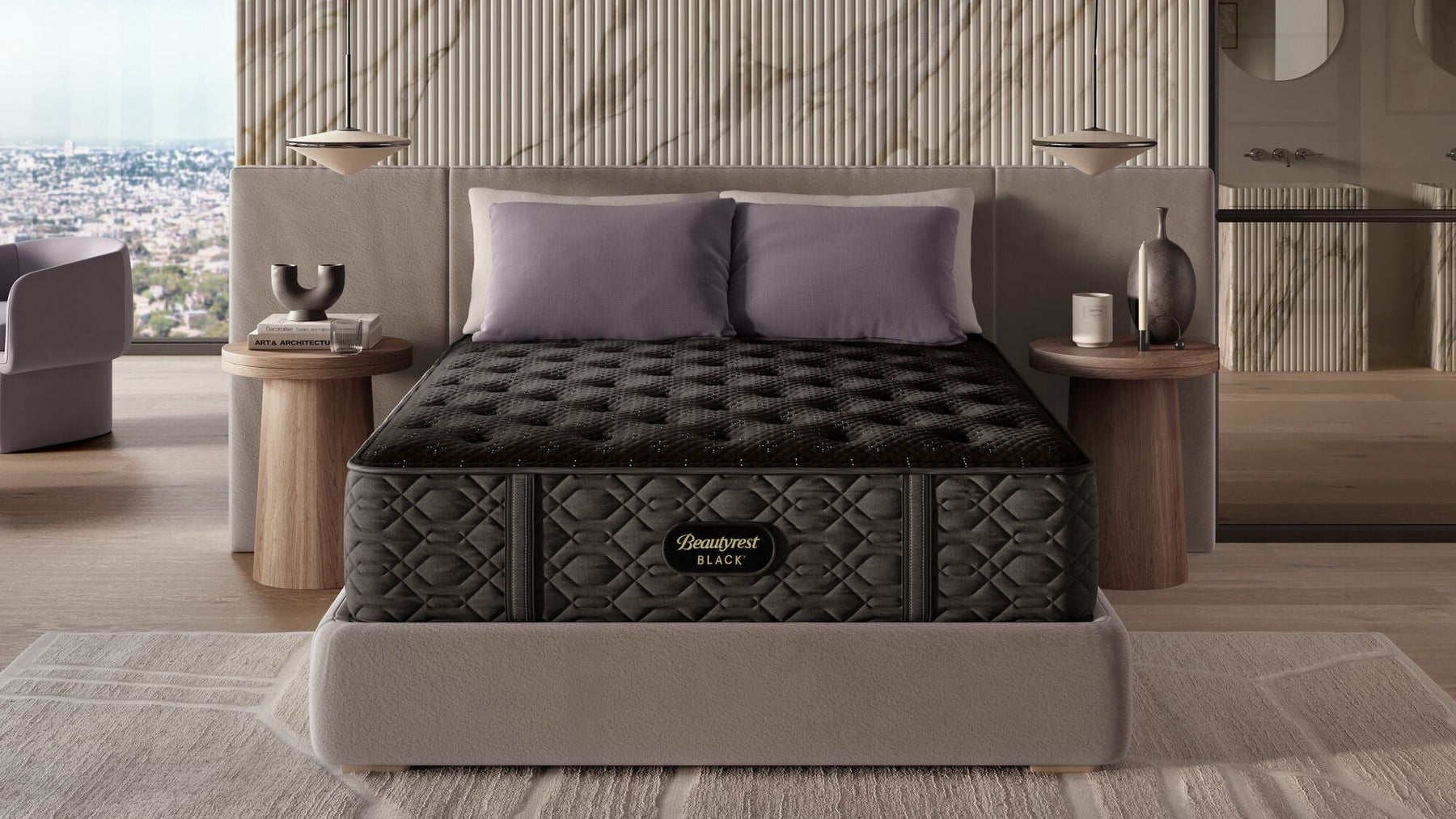 Queen size Beautyrest Black Series 3 Medium Tight Top Mattress, displayed in a luxurious bedroom setting, showcasing the mattress's surface with detailed stitching and pillows on top.
