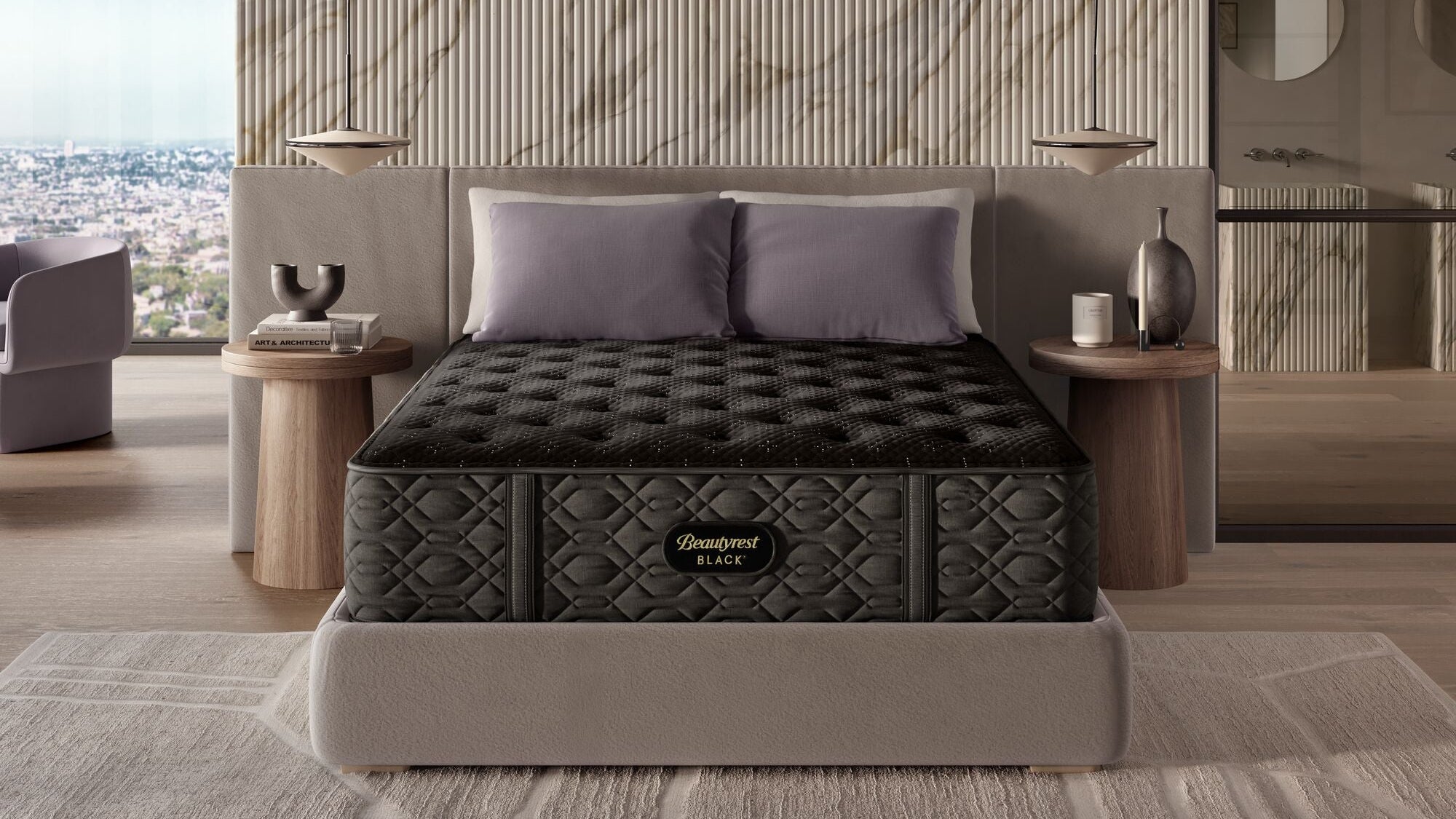 Queen size Beautyrest Black Series 3 Medium Tight Top Mattress, displayed in a luxurious bedroom setting, showcasing the mattress's surface with detailed stitching and pillows on top.