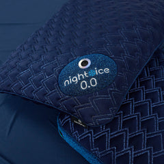 Navy blue quilted jacket with 'night ice' logo on a dark background