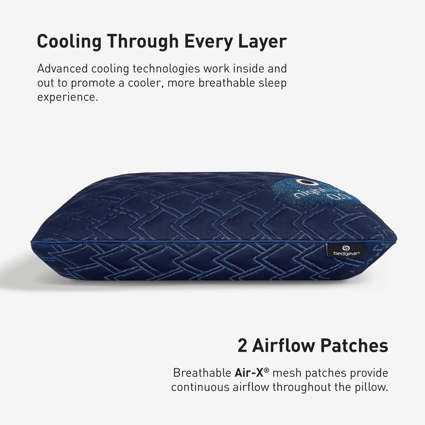 Blue pillow with text about cooling technologies and airflow patches on a white background
