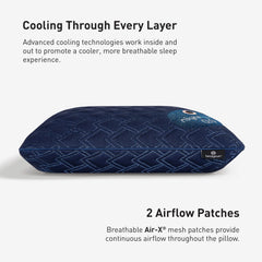 Blue pillow with text about cooling technologies and airflow patches on a white background