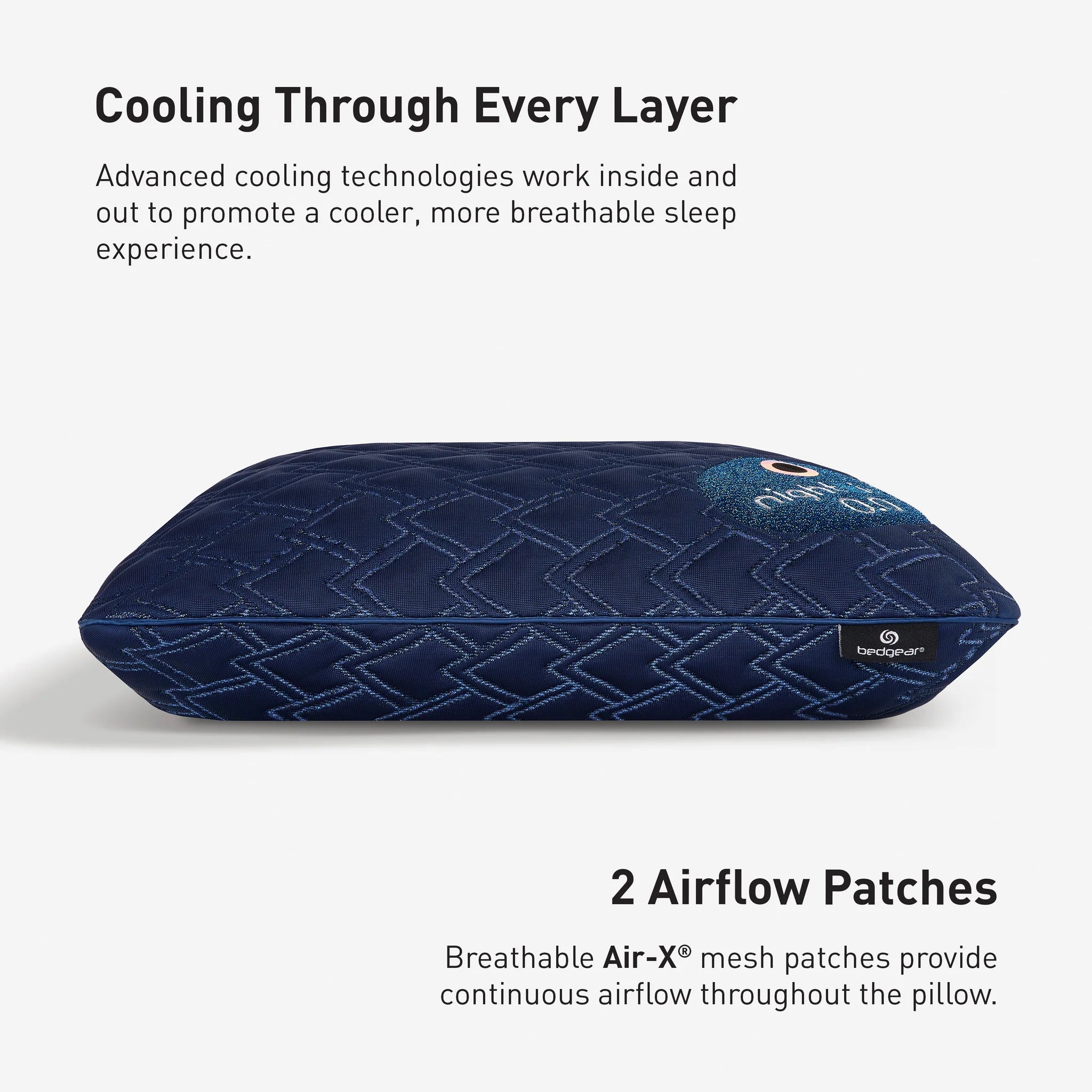 Blue pillow with text about cooling technologies and airflow patches on a white background