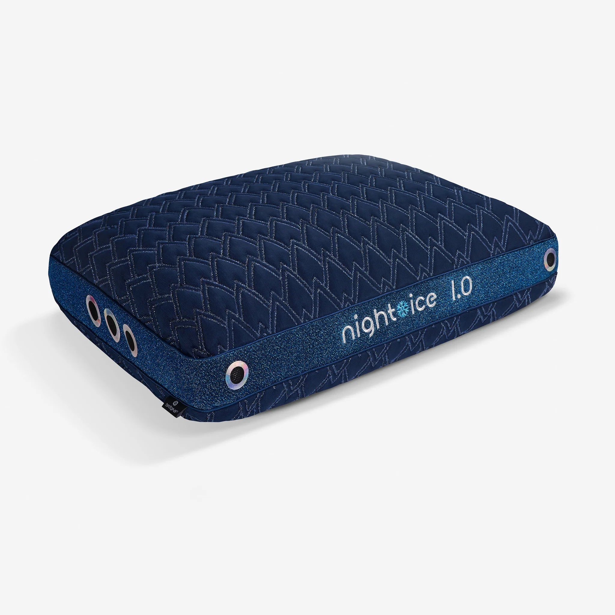 Blue quilted air mattress with 'night ice 1.0' branding on a white background